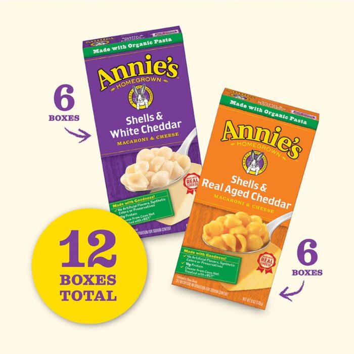 Annie's Organic Macaroni and Cheese Variety Pack, Shells & White Cheddar and Shells & Real Aged Cheddar, 6 oz (Pack of 12) - Image 2