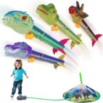 Dinosaur Toy Rocket Launcher for Kids - Launch Up to 100 Ft, 4 Rockets, Outdoor Outside Toys for Kids, Dinosaur Toys, Birthday Gifts for 3 4 5 6 7 8-12 Year Old Boys Girls