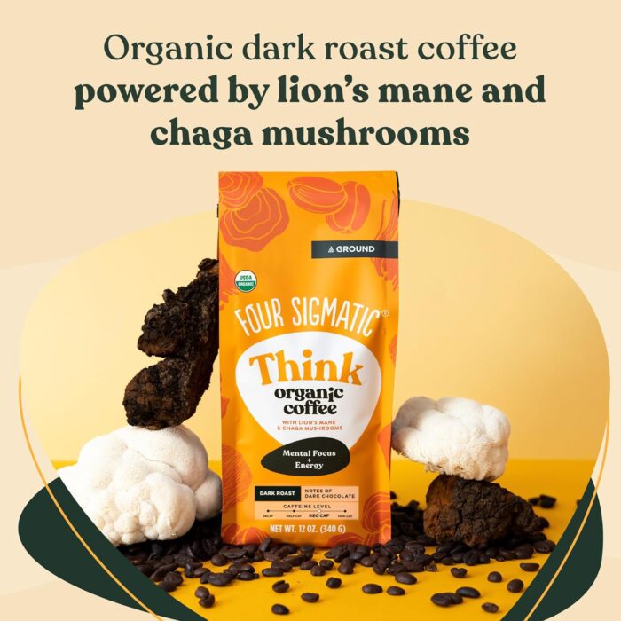 Four Sigmatic Think Organic Ground Coffee | Dark Roast, Fair Trade Gourmet Coffee with Lion's Mane Mushroom and Chaga Mushroom | Nootropic Mushroom Coffee for Better Focus & Immune Support | 12oz Bag - Image 3