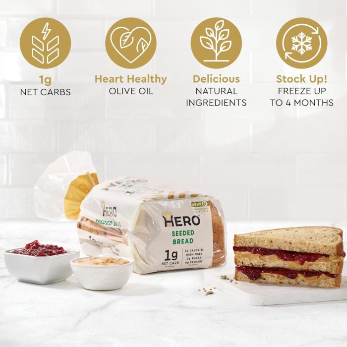 Hero Seeded Bread — Delicious Bread with 1g Net Carb, 0g Sugar, 60 Calories, 12g Fiber per Slice | Tastes Like Regular Bread | Low Carb & Keto Friendly Bread Loaf — 15 Slices/Loaf, 4 Loaves - Image 2