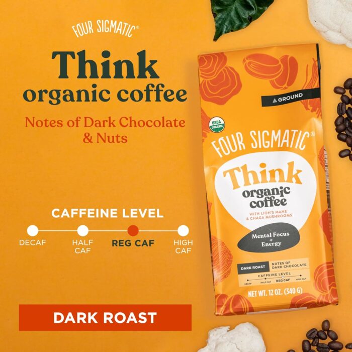 Four Sigmatic Think Organic Ground Coffee | Dark Roast, Fair Trade Gourmet Coffee with Lion's Mane Mushroom and Chaga Mushroom | Nootropic Mushroom Coffee for Better Focus & Immune Support | 12oz Bag - Image 6