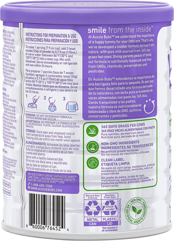 Aussie Bubs Grass Fed Nutritional Milk-Based Toddler Formula, For Kids 12-36 months, Made with Non-GMO Organic Milk, 28.2 oz (pack of 1) - Image 8