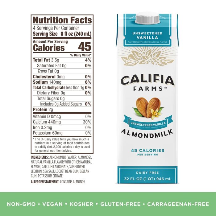 Califia Farms - Unsweetened Vanilla Almond Milk, 32 Oz (Pack of 6), Dairy Free, Vegan, Plant Based, Keto, Shelf Stable, Vegan, Gluten Free, Non GMO, Sugar Free, High Calcium, Smoothie - Image 6